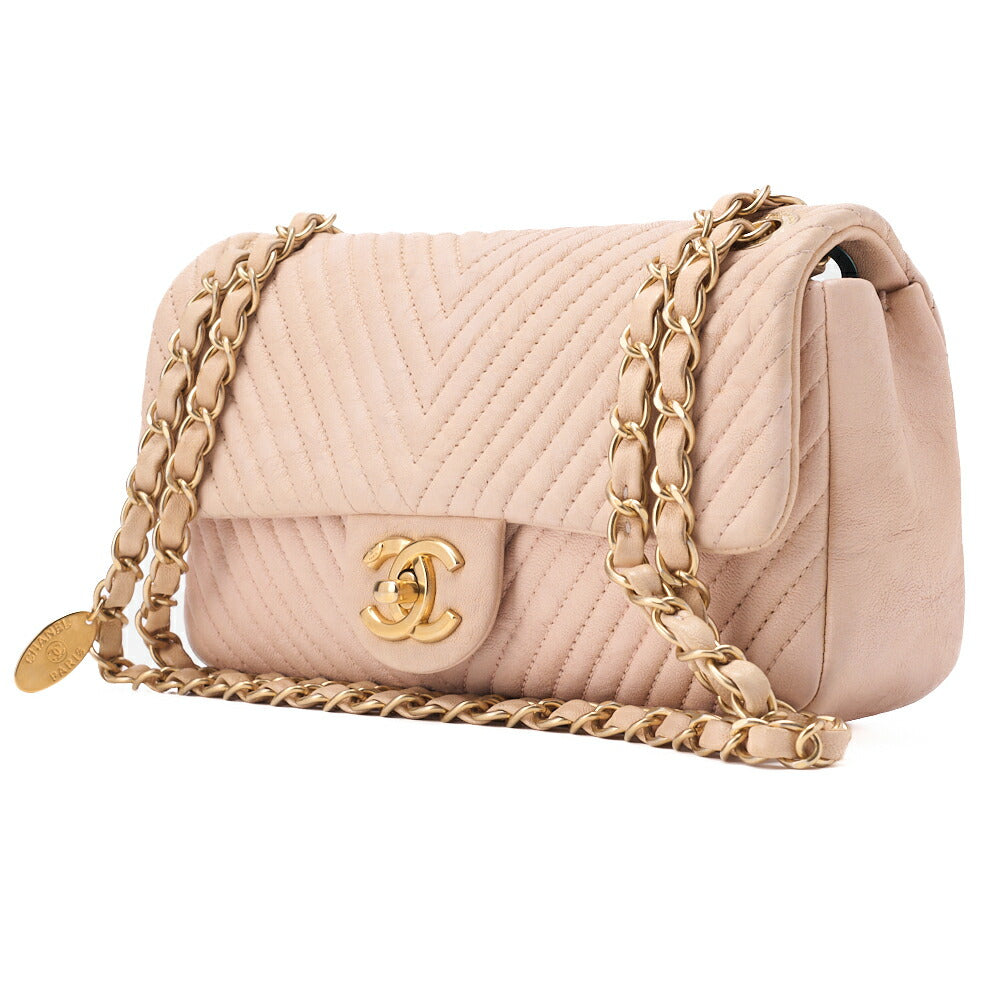 CHANEL Shoulder Bag Calfskin V-Stitch Beige Turnlock Single Flap Gold-Tone Hardware, Pre-Owned