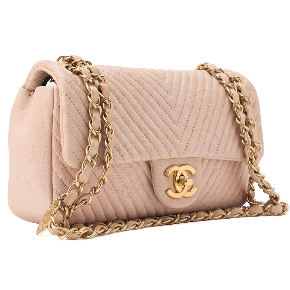 CHANEL Shoulder Bag Calfskin V-Stitch Beige Turnlock Single Flap Gold-Tone Hardware, Pre-Owned