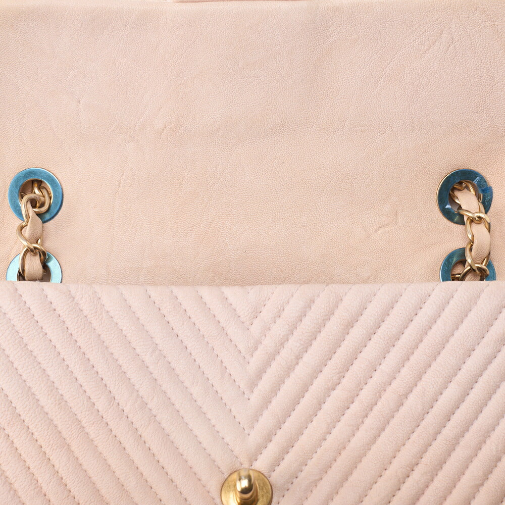 CHANEL Shoulder Bag Calfskin V-Stitch Beige Turnlock Single Flap Gold-Tone Hardware, Pre-Owned