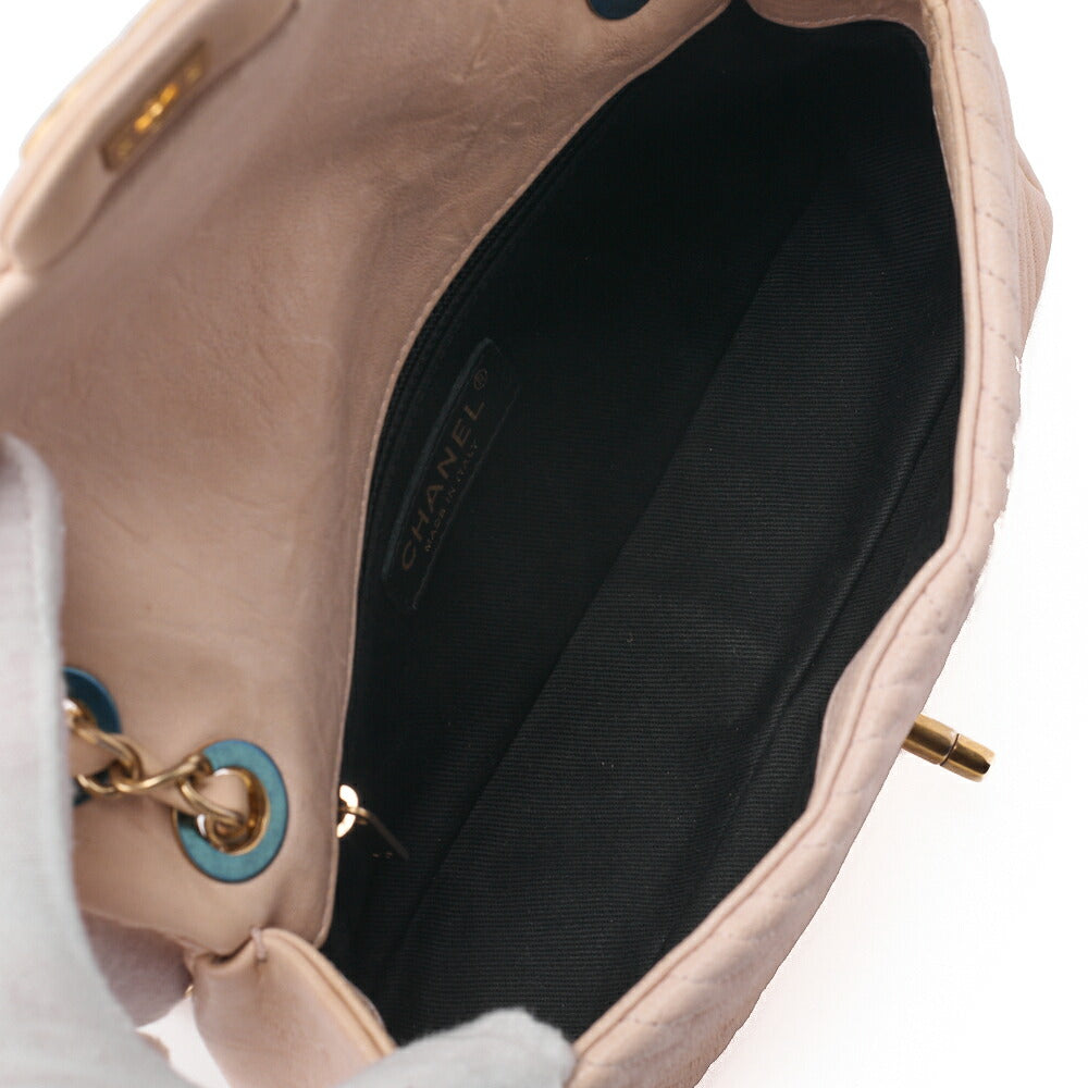 CHANEL Shoulder Bag Calfskin V-Stitch Beige Turnlock Single Flap Gold-Tone Hardware, Pre-Owned