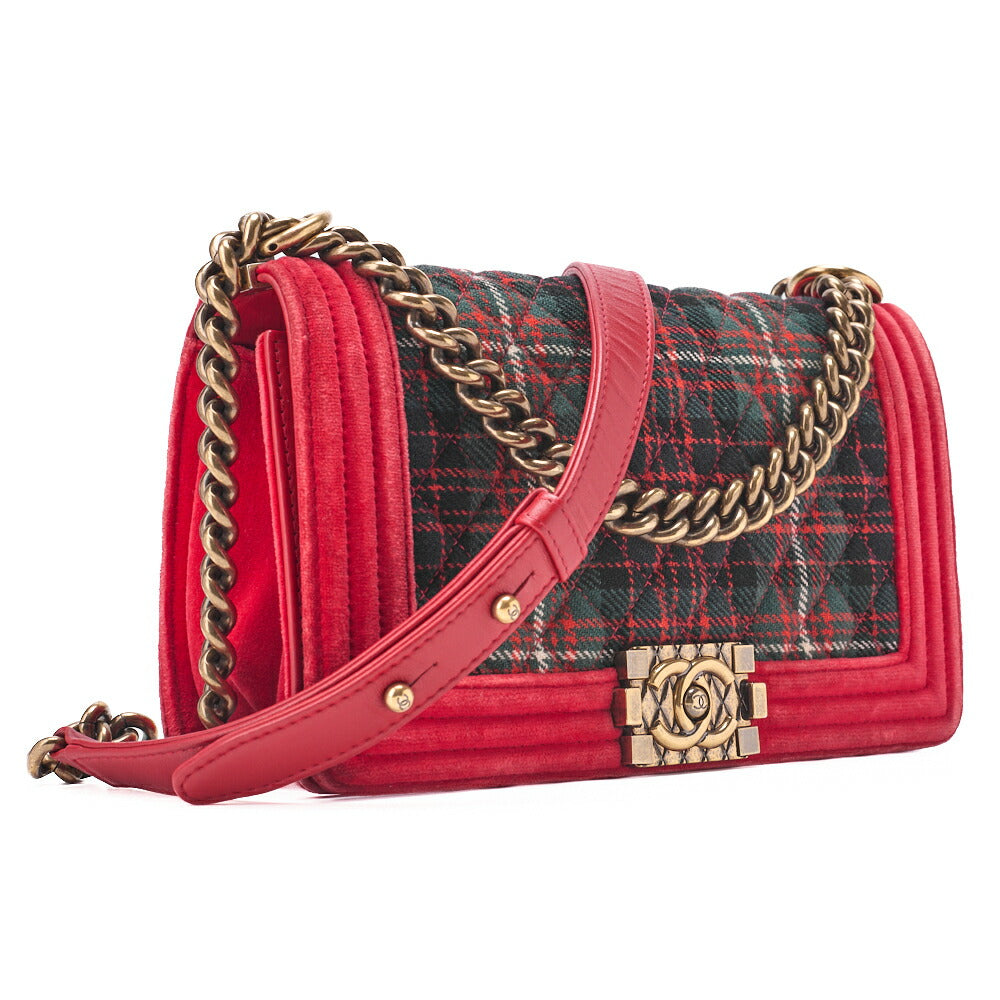 CHANEL Boy Chanel Matelassé Chain Shoulder Cotton x Pelore Red x Multicolor Gold-Tone Hardware, Pre-Owned