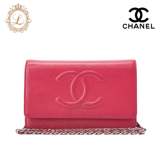 CHANEL Shoulder Bag Chain Wallet Caviar Skin Rose Pink Silver-Tone Hardware, Pre-Owned