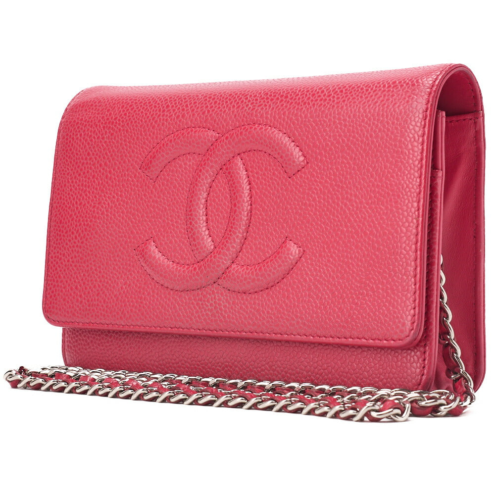 CHANEL Shoulder Bag Chain Wallet Caviar Skin Rose Pink Silver-Tone Hardware, Pre-Owned