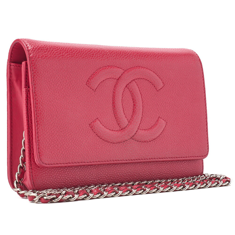CHANEL Shoulder Bag Chain Wallet Caviar Skin Rose Pink Silver-Tone Hardware, Pre-Owned