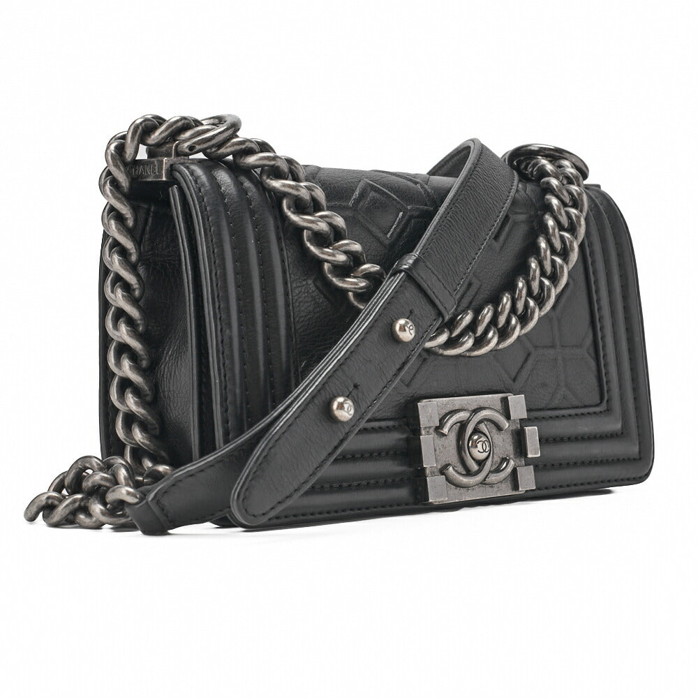 CHANEL Boy Chanel Diamond Stitch Chain Shoulder Calfskin Black Mini Size Silver-Tone Hardware, Pre-Owned
