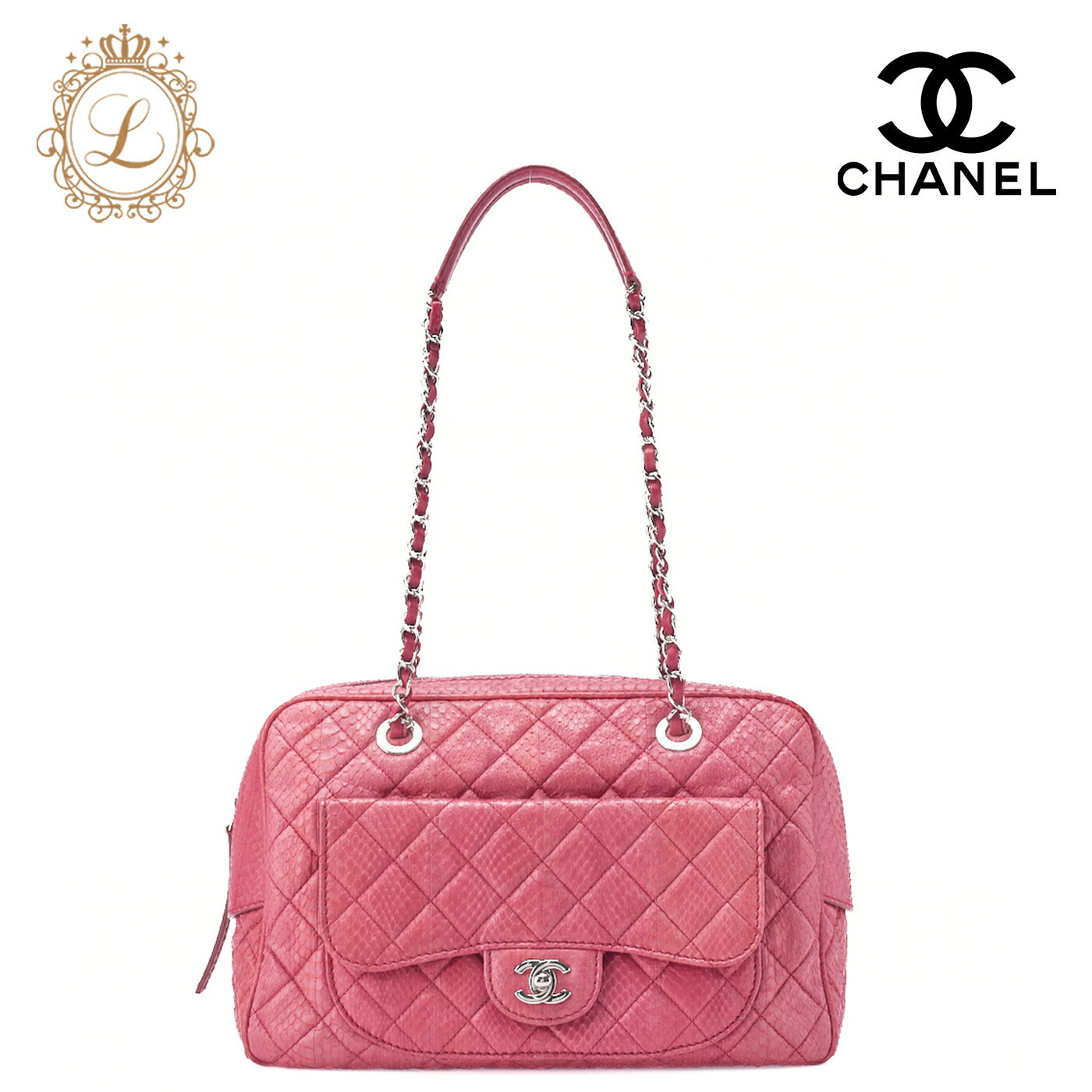 CHANEL Matelassé Outside Flap Chain Shoulder Python Pink Silver-Tone Hardware, Pre-Owned