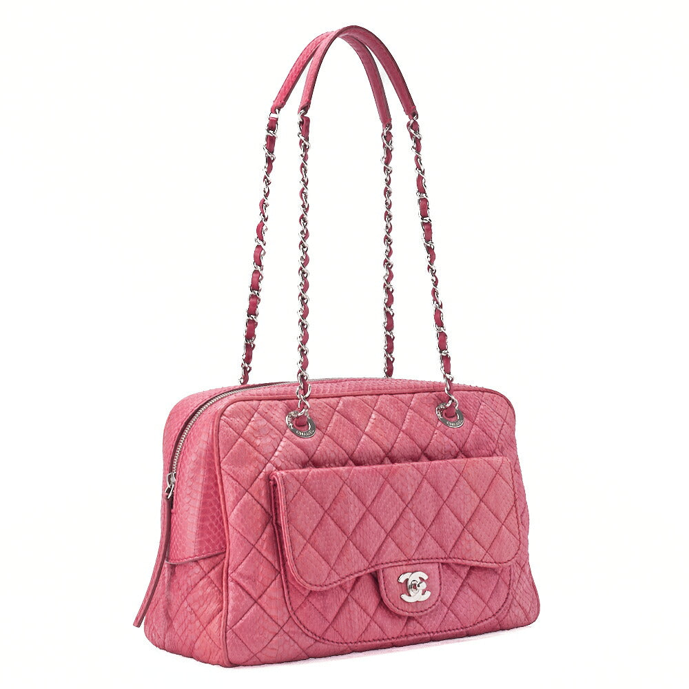 CHANEL Matelassé Outside Flap Chain Shoulder Python Pink Silver-Tone Hardware, Pre-Owned