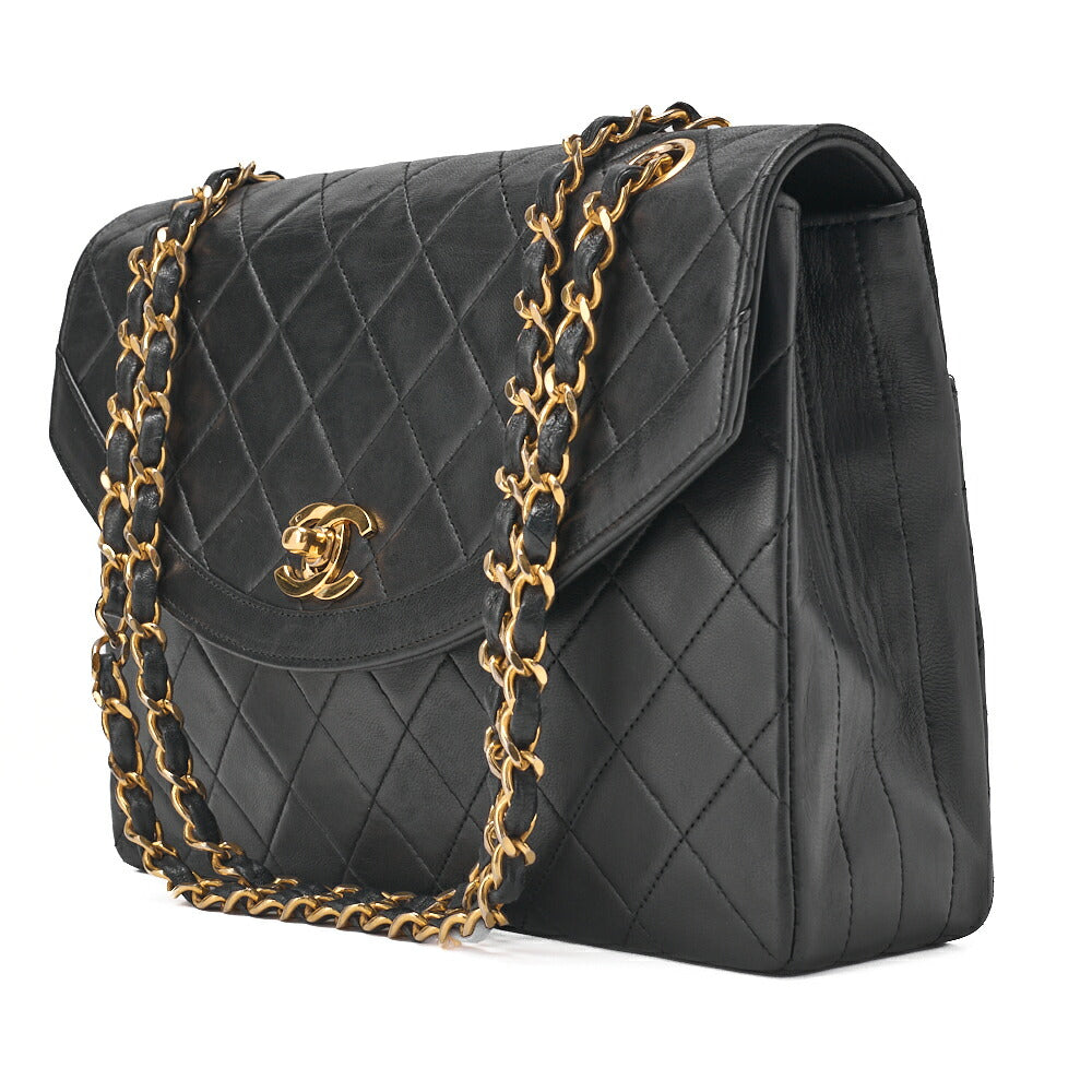 CHANEL Chain Shoulder Bag Matelassé Design Flap Lambskin Black Gold-Tone Hardware, Pre-Owned