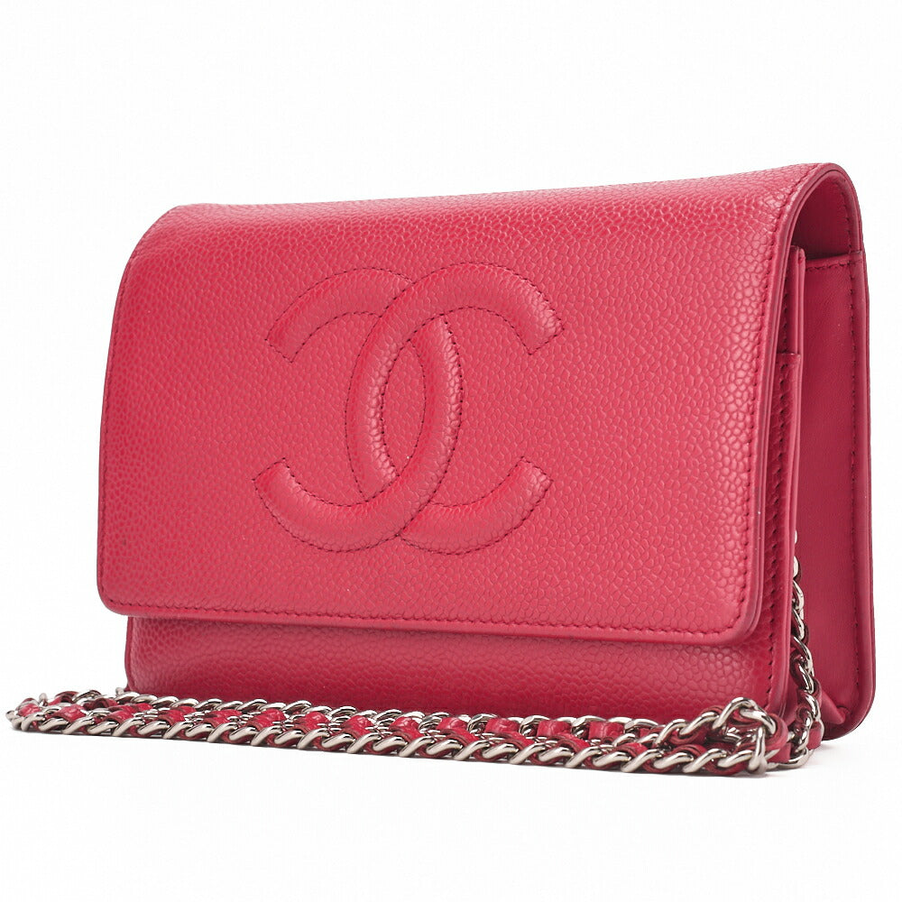 CHANEL Shoulder Bag Chain Wallet Caviar Skin Rose Pink Silver-Tone Hardware, Pre-Owned