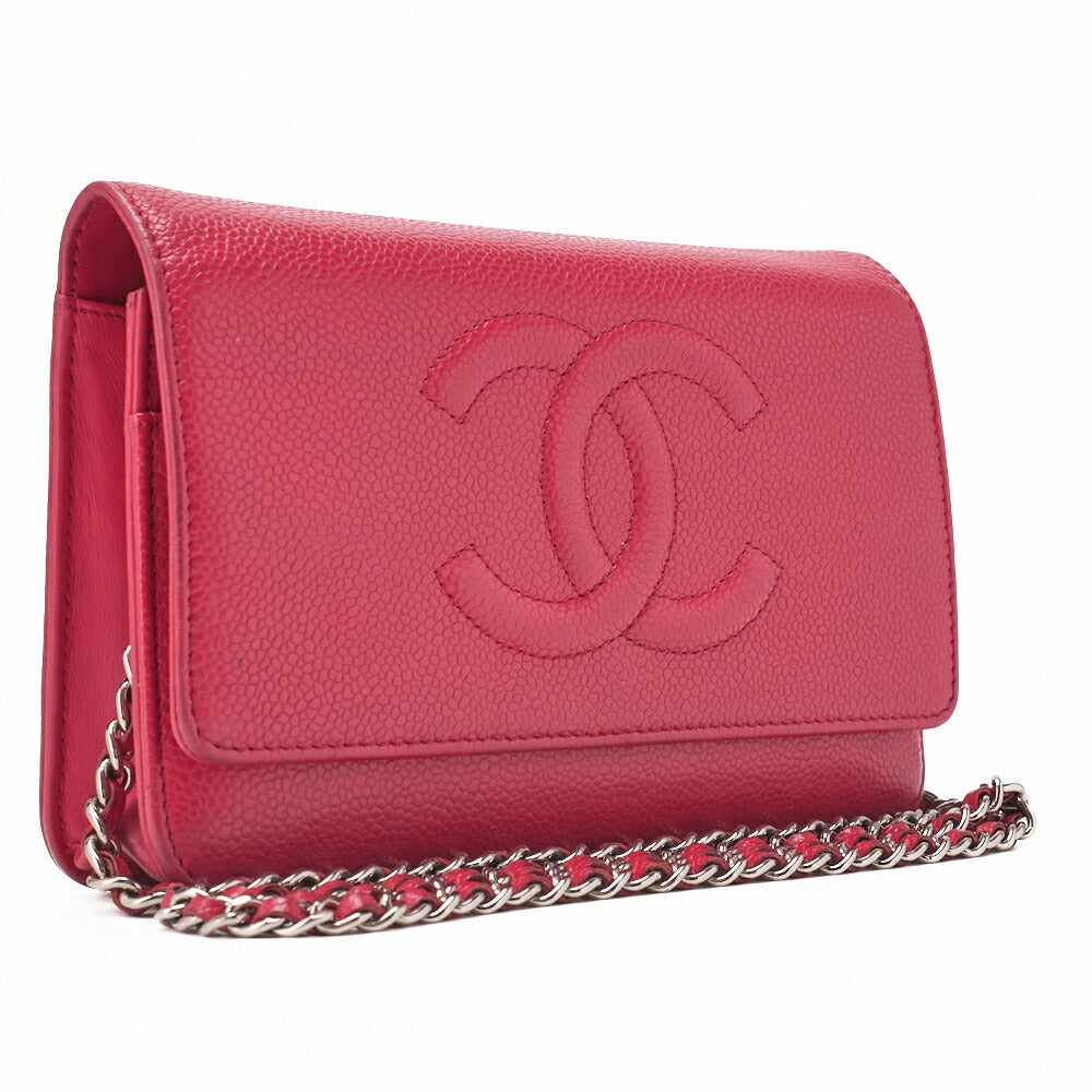 CHANEL Shoulder Bag Chain Wallet Caviar Skin Rose Pink Silver-Tone Hardware, Pre-Owned
