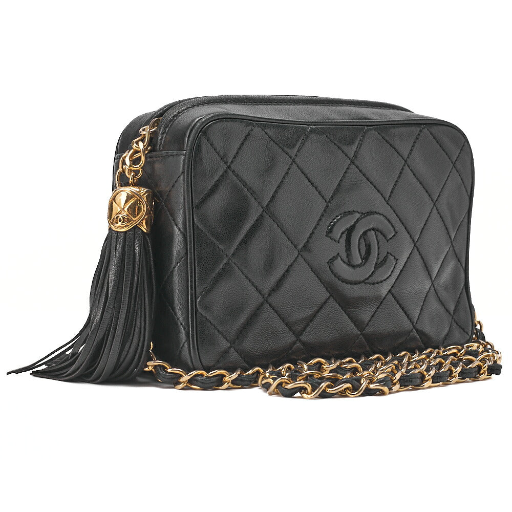 CHANEL Matelassé Coco Mark Fringe Chain Shoulder Lambskin Black Gold-Tone Hardware, Pre-Owned