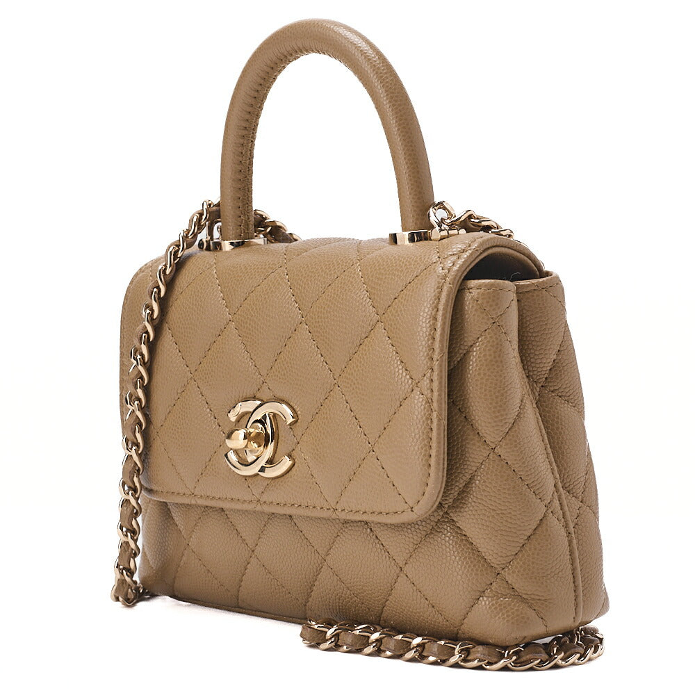 CHANEL Chain Shoulder Bag Matelassé Coco Handle Mini 2WAY Handbag Caviar Skin Beige Gold-Tone Hardware, Pre-Owned