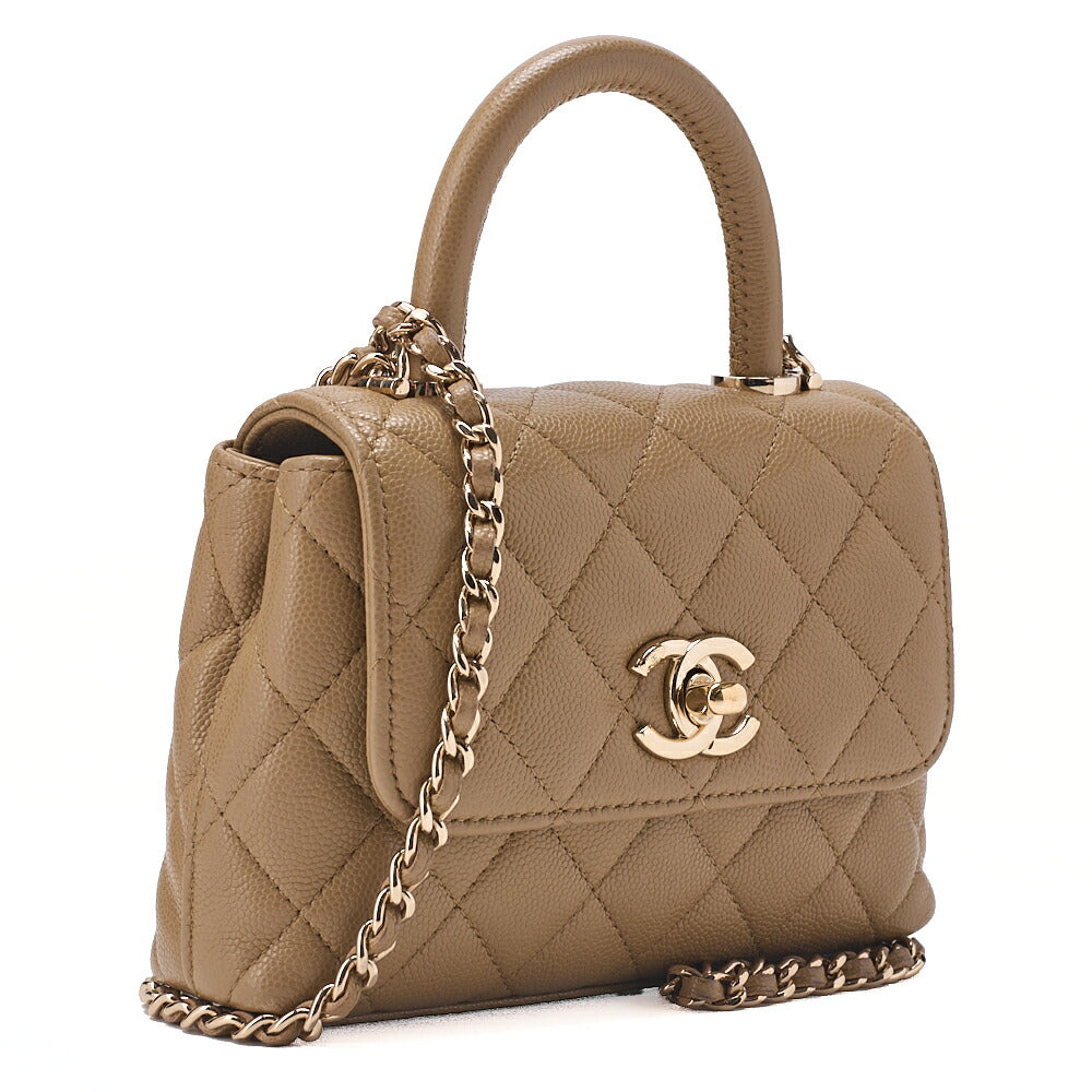 CHANEL Chain Shoulder Bag Matelassé Coco Handle Mini 2WAY Handbag Caviar Skin Beige Gold-Tone Hardware, Pre-Owned