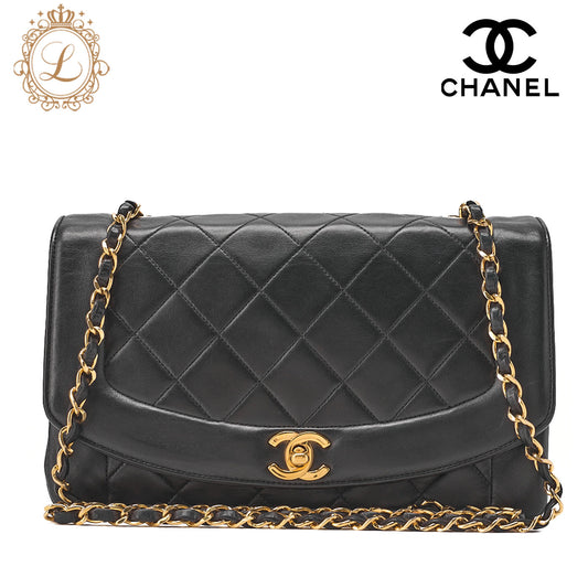 CHANEL Matelassé Diana Flap 25cm Chain Shoulder Lambskin Black Gold-Tone Hardware, Pre-Owned