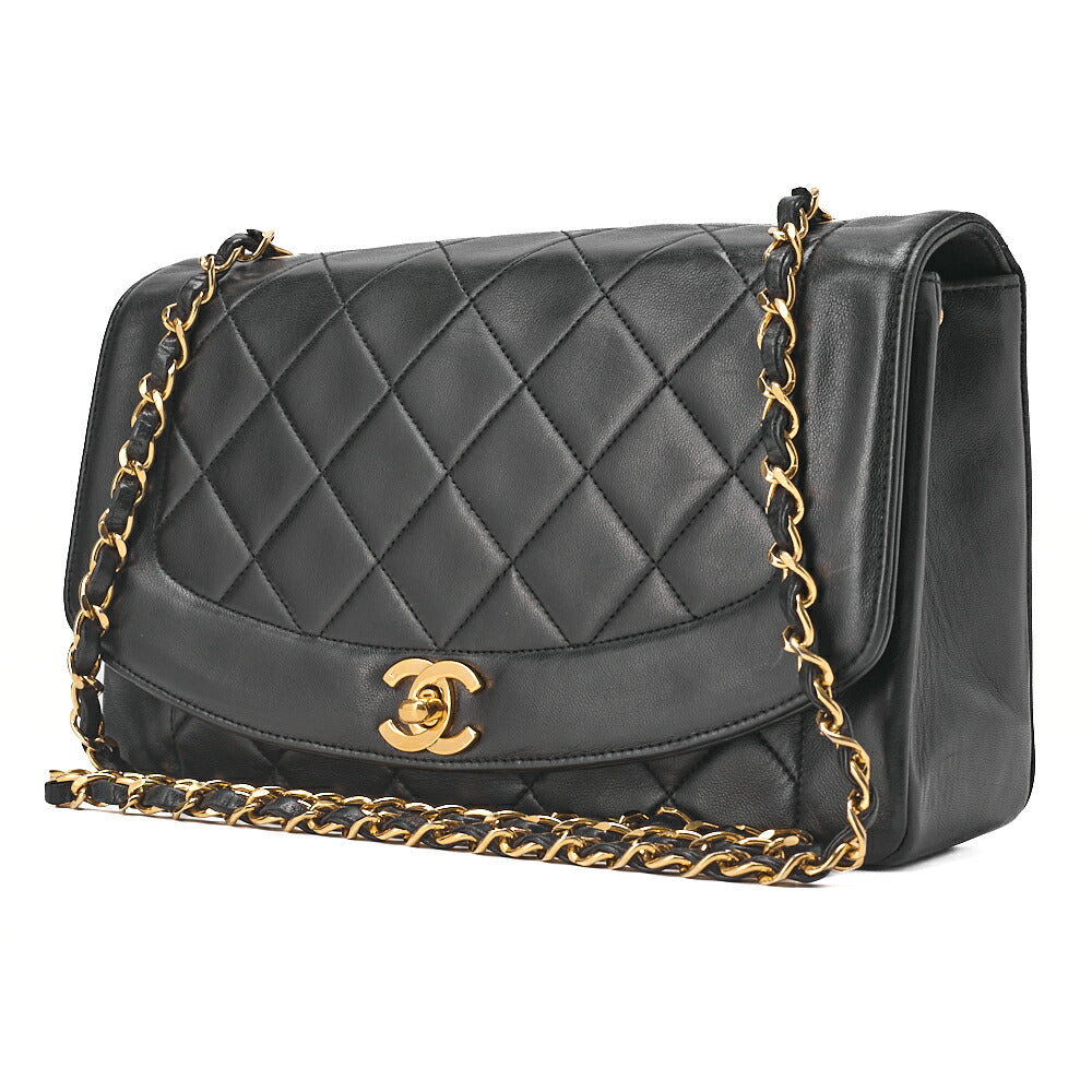 CHANEL Matelassé Diana Flap 25cm Chain Shoulder Lambskin Black Gold-Tone Hardware, Pre-Owned