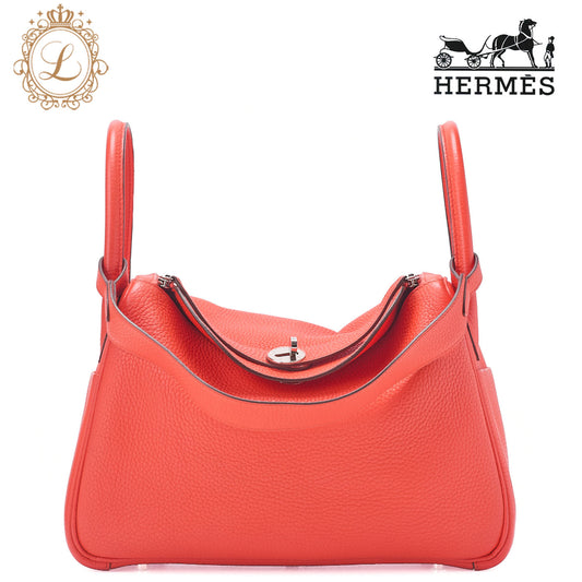 HERMES Lindy 30 2way Shoulder Bag Triyon Clemence Orange Poppy Orange Poppy Silver-Tone Hardware, Pre-Owned