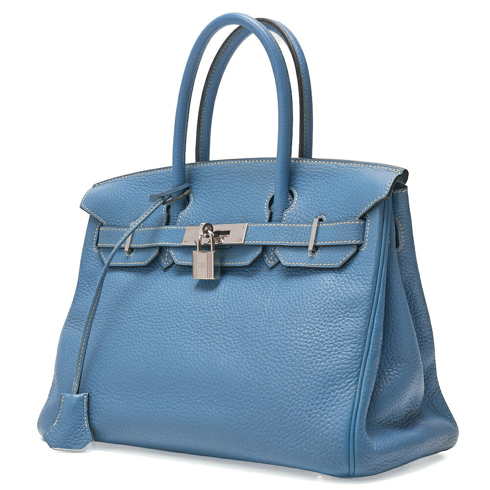 HERMES Birkin 30 Handbag Tryon Clemence Blue Gin Silver-Tone Hardware, Pre-Owned