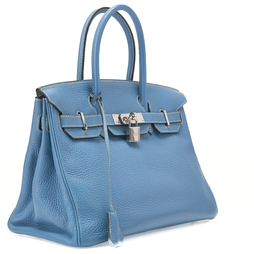 HERMES Birkin 30 Handbag Tryon Clemence Blue Gin Silver-Tone Hardware, Pre-Owned