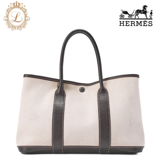 HERMES Garden Party TPM Bag Tooise Ivory x Brown Silver-Tone Hardware, Pre-Owned