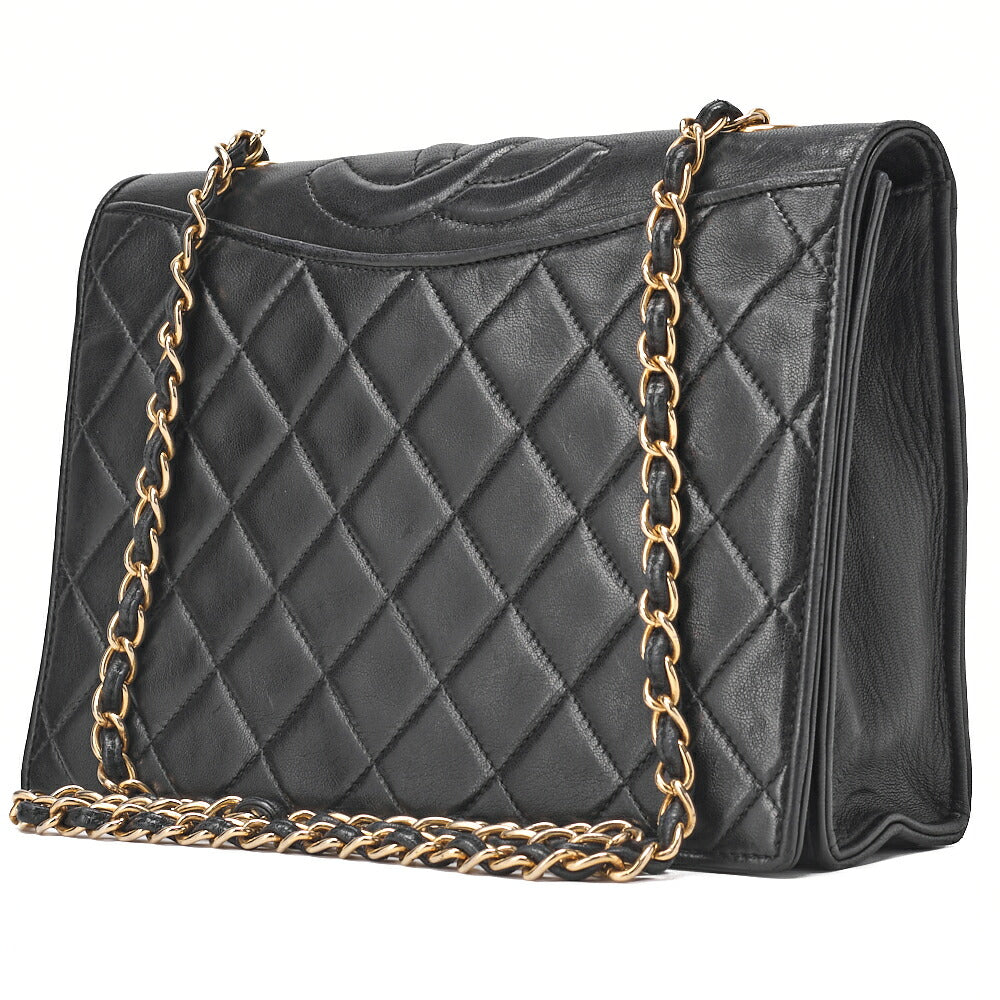 CHANEL Chain Shoulder Bag Lambskin Black Coco Mark Full Flap Push Lock Gold-Tone Hardware, Pre-Owned