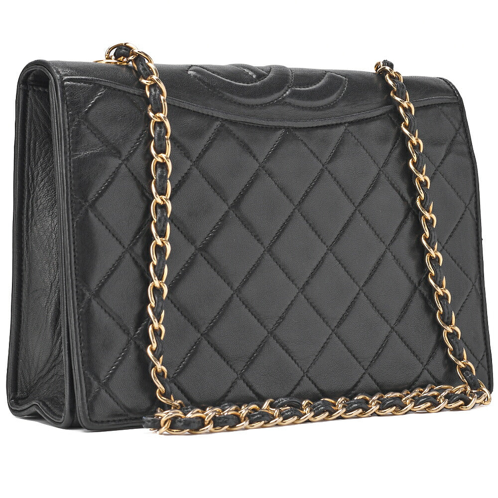 CHANEL Chain Shoulder Bag Lambskin Black Coco Mark Full Flap Push Lock Gold-Tone Hardware, Pre-Owned