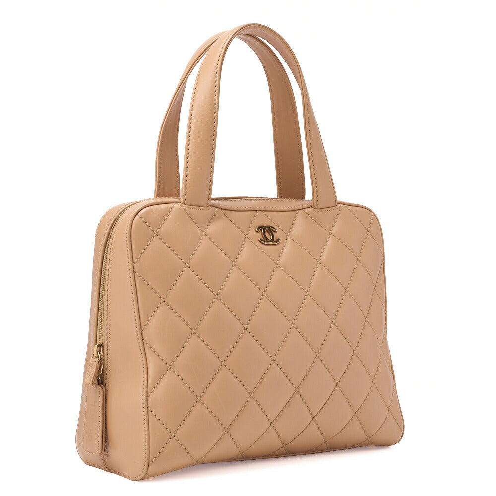 CHANEL Coco Mark Wild Stitch Handbag Calfskin Beige Silver-Tone Hardware, Pre-Owned