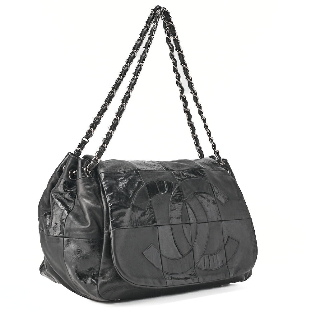 CHANEL Chain Shoulder Bag Cocomark Patchwork Full Flap Lambskin x Enamel Black Silver-Tone Hardware, Pre-Owned