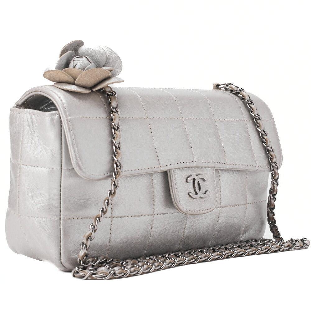 CHANEL Chanel Chocolate Bar Camellia Push Lock Chain Shoulder Lambskin Silver-Tone Hardware, Pre-Owned