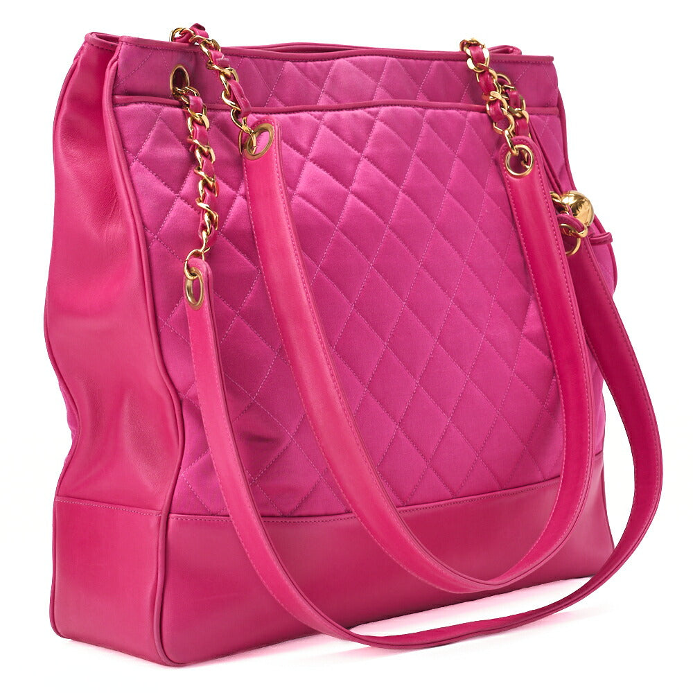 CHANEL Shoulder Bag Matelasse Ball Charm Satin x Lambskin Pink Large Size Gold-Tone Hardware, Pre-Owned