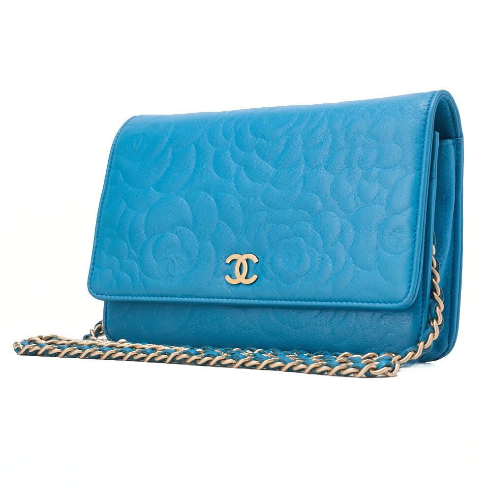 CHANEL Chain Shoulder Chain Wallet Camellia Lambskin Turquoise Gold-Tone Hardware, Pre-Owned