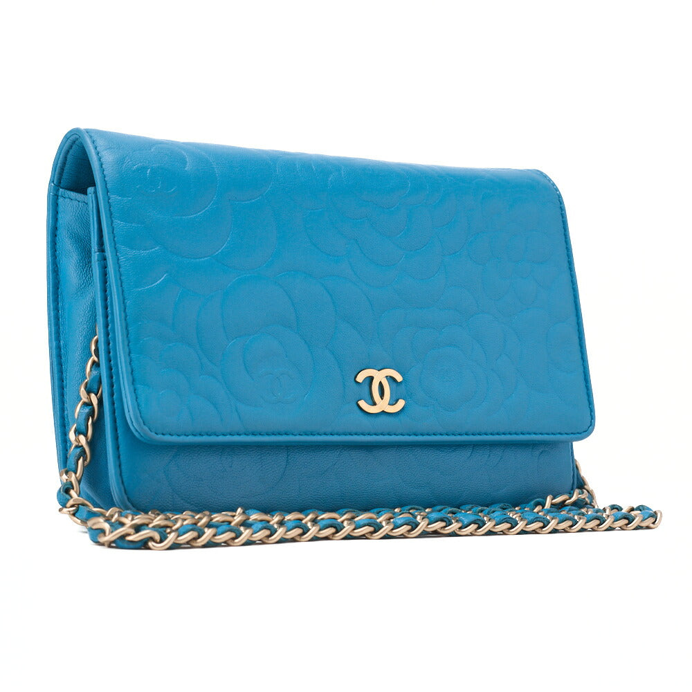 CHANEL Chain Shoulder Chain Wallet Camellia Lambskin Turquoise Gold-Tone Hardware, Pre-Owned