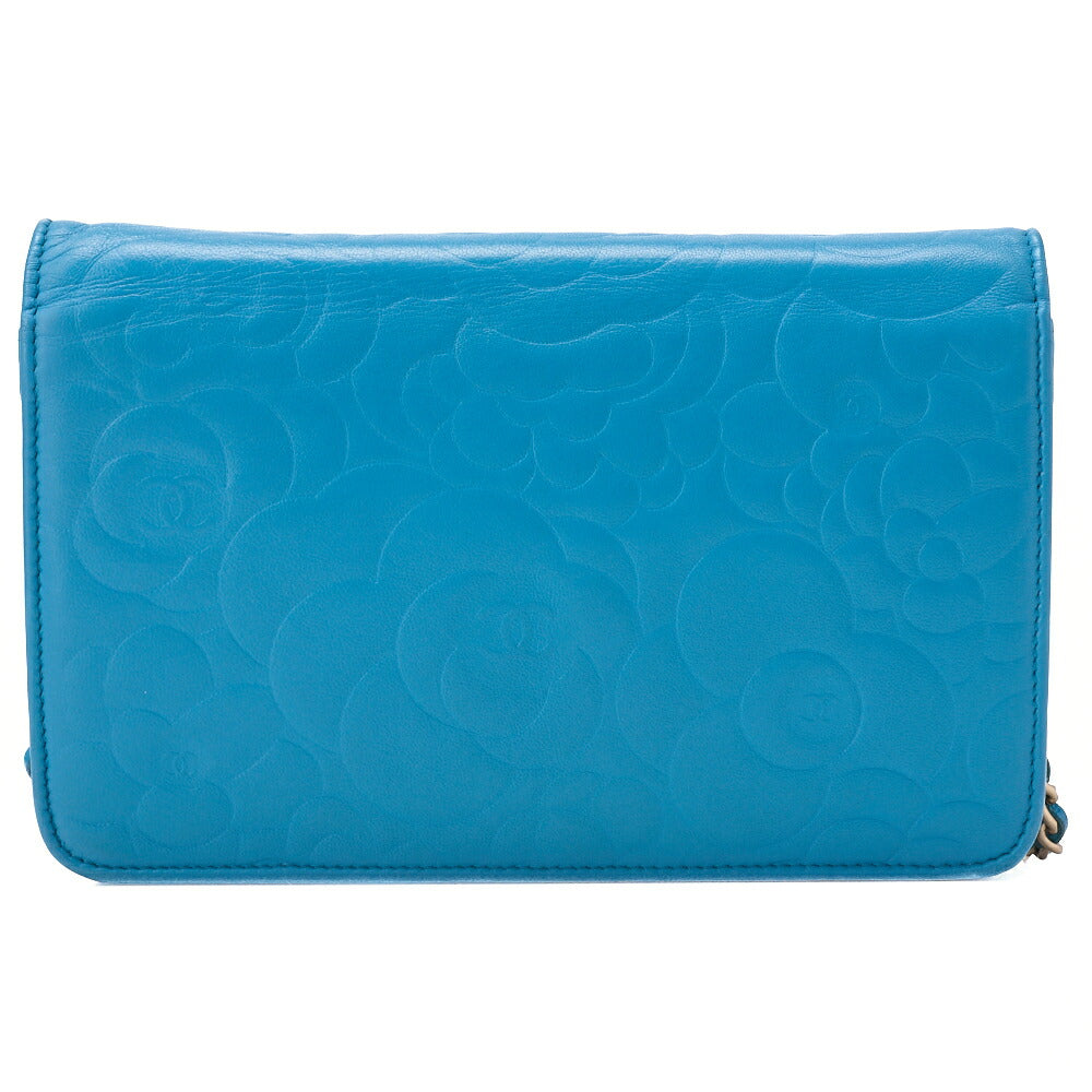 CHANEL Chain Shoulder Chain Wallet Camellia Lambskin Turquoise Gold-Tone Hardware, Pre-Owned