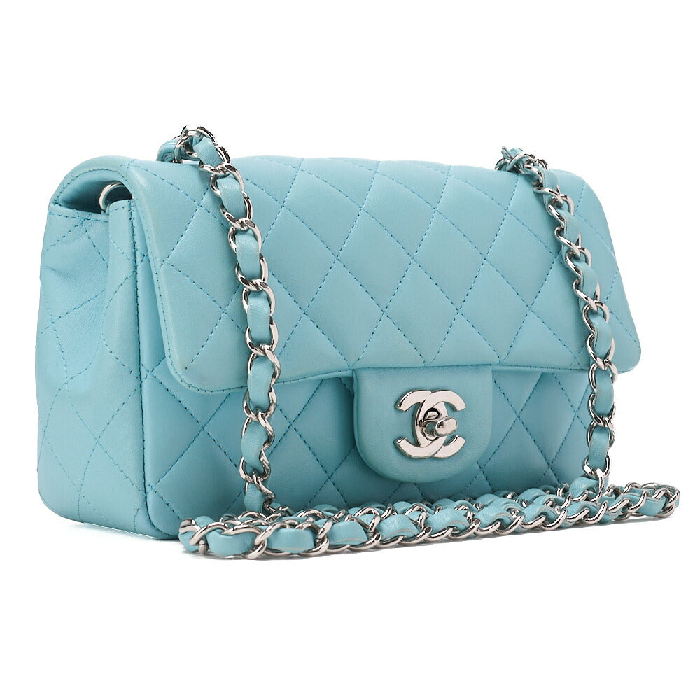 CHANEL Chain Shoulder Bag Mini Matrasse 20cm Lambskin Single Flap Turnlock Light Blue Silver-Tone Hardware, Pre-Owned