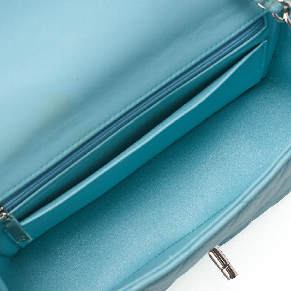 CHANEL Chain Shoulder Bag Mini Matrasse 20cm Lambskin Single Flap Turnlock Light Blue Silver-Tone Hardware, Pre-Owned