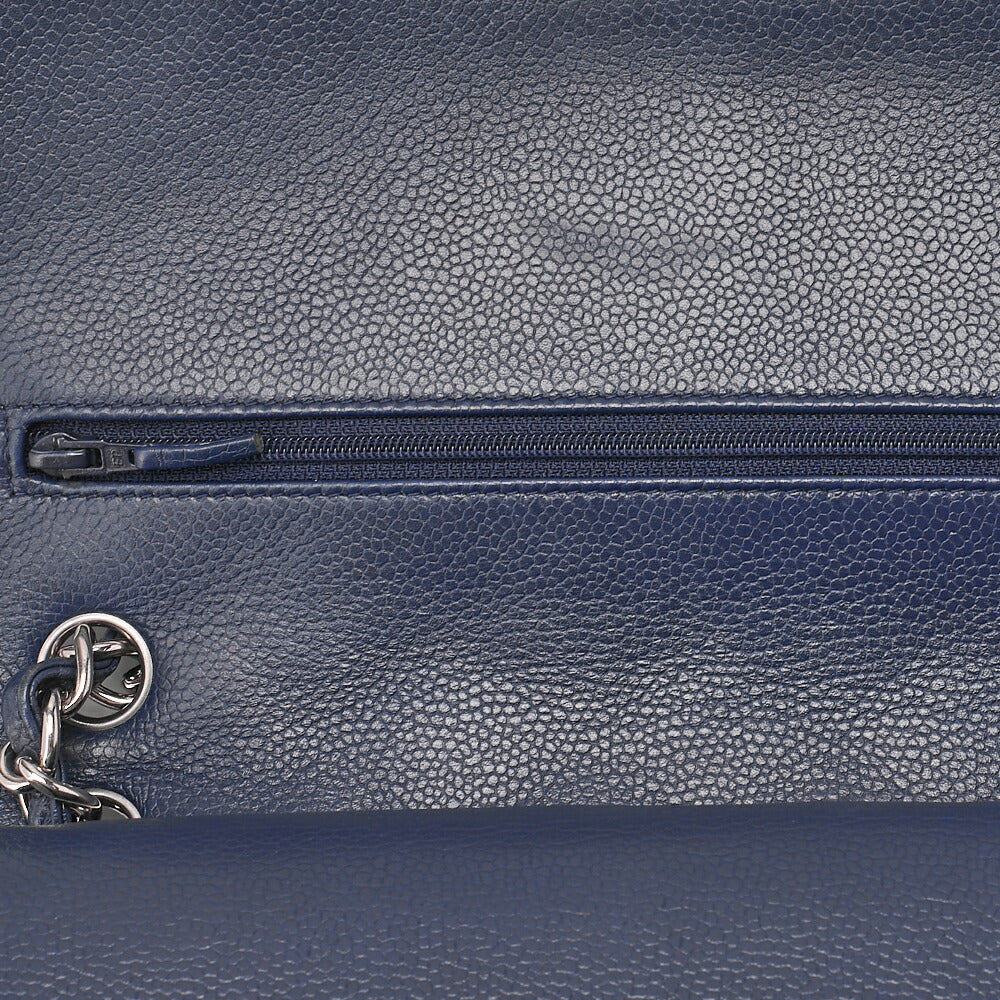 CHANEL Chain Shoulder Bag Double Flap Deca Matasse 30cm Caviar Skin Navy Silver-Tone Hardware, Pre-Owned