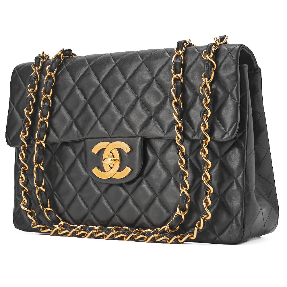 CHANEL Chain Shoulder Bag Deca Matlasse 34cm Lambskin Black Gold-Tone Hardware, Pre-Owned