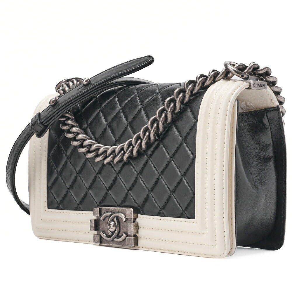CHANEL Boy Chanel Matelasse Chain Shoulder Lambskin Black x White Silver-Tone Hardware, Pre-Owned