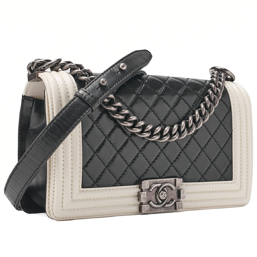 CHANEL Boy Chanel Matelasse Chain Shoulder Lambskin Black x White Silver-Tone Hardware, Pre-Owned