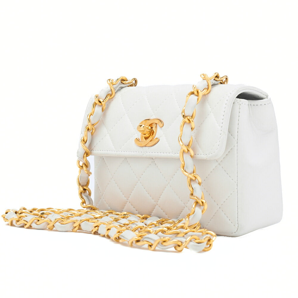 CHANEL Chain Shoulder Bag Mini Mini Matelasse Lambskin White Single Flap Turnlock Gold-Tone Hardware, Pre-Owned