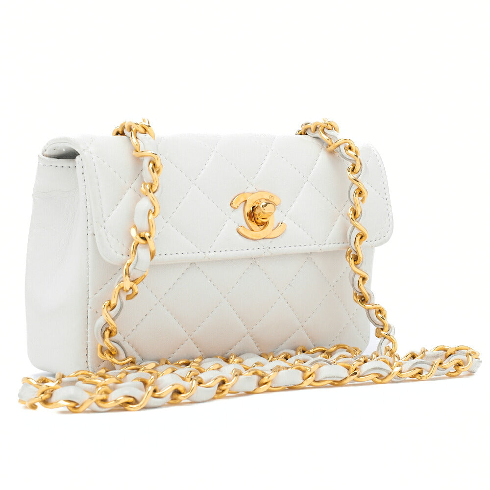 CHANEL Chain Shoulder Bag Mini Mini Matelasse Lambskin White Single Flap Turnlock Gold-Tone Hardware, Pre-Owned