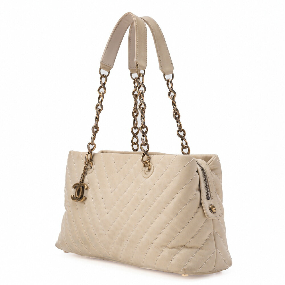 CHANEL V-Stitch Chain Shoulder Bag Sparkle Leather Ivory with Coco Charm Gold-Tone Hardware, Pre-Owned