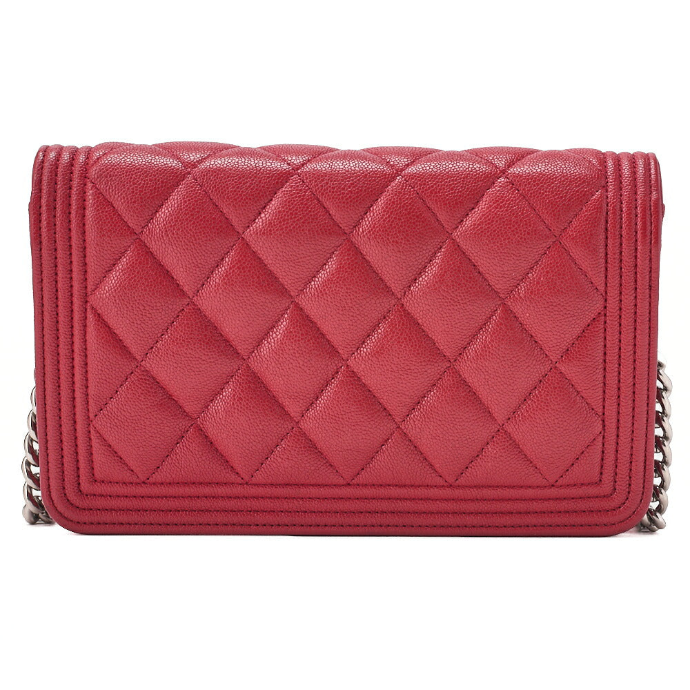 CHANEL Boy Chanel Matelasse Chain Wallet Caviar Skin Red Silver-Tone Hardware, Pre-Owned