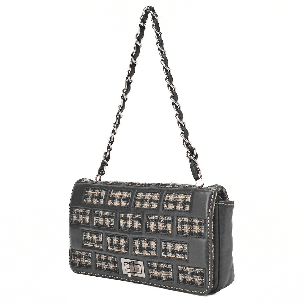 CHANEL Chocolate Bar 2.55 Turnlock Chain Shoulder Lambskin x Tweed Black Silver-Tone Hardware, Pre-Owned