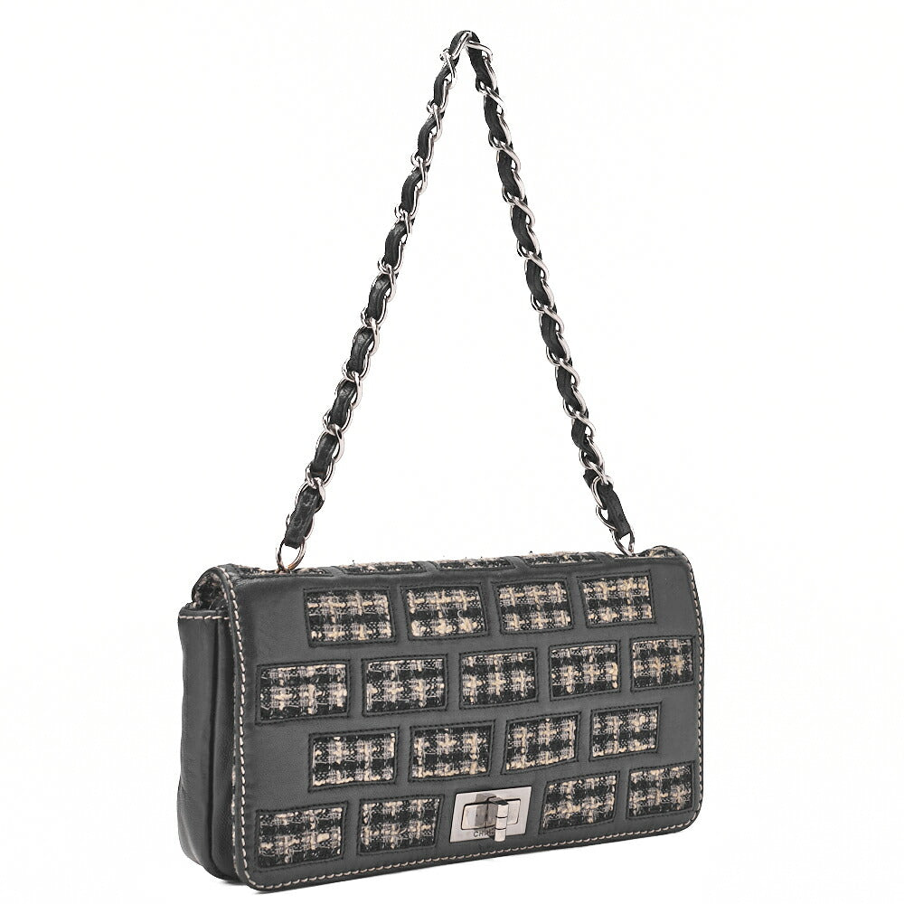 CHANEL Chocolate Bar 2.55 Turnlock Chain Shoulder Lambskin x Tweed Black Silver-Tone Hardware, Pre-Owned