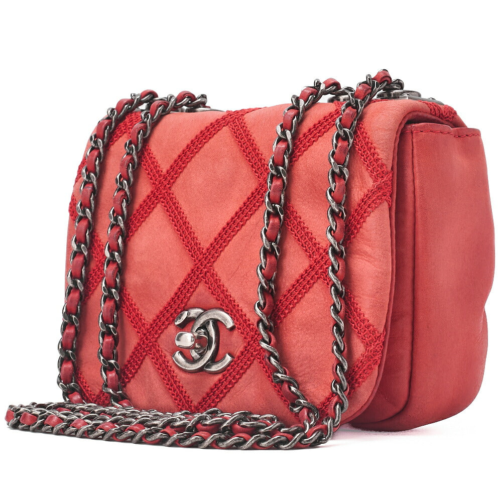 CHANEL Chain Shoulder Bag Matelasse Single Flap Sparkle Leather Red Silver-Tone Hardware, Pre-Owned