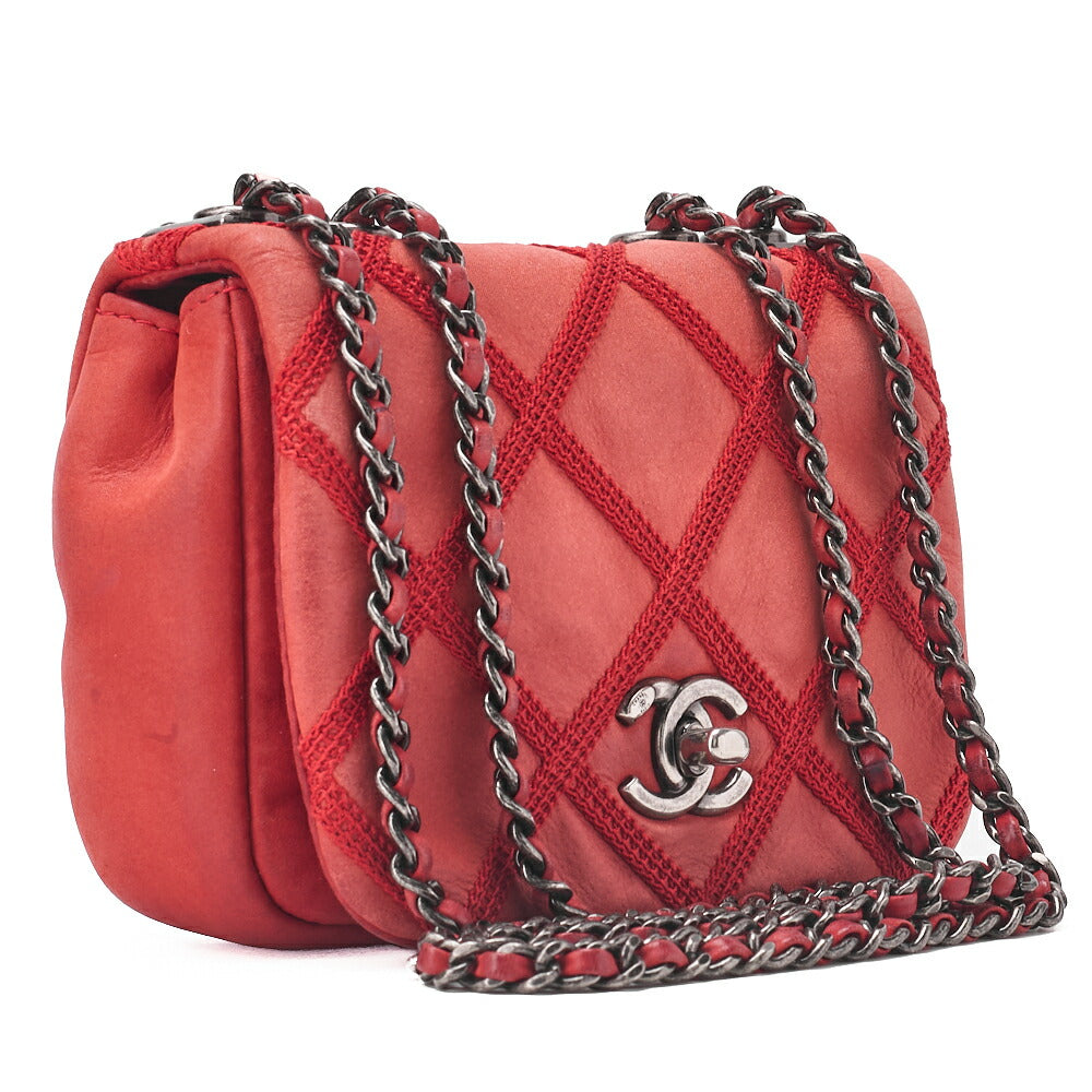 CHANEL Chain Shoulder Bag Matelasse Single Flap Sparkle Leather Red Silver-Tone Hardware, Pre-Owned
