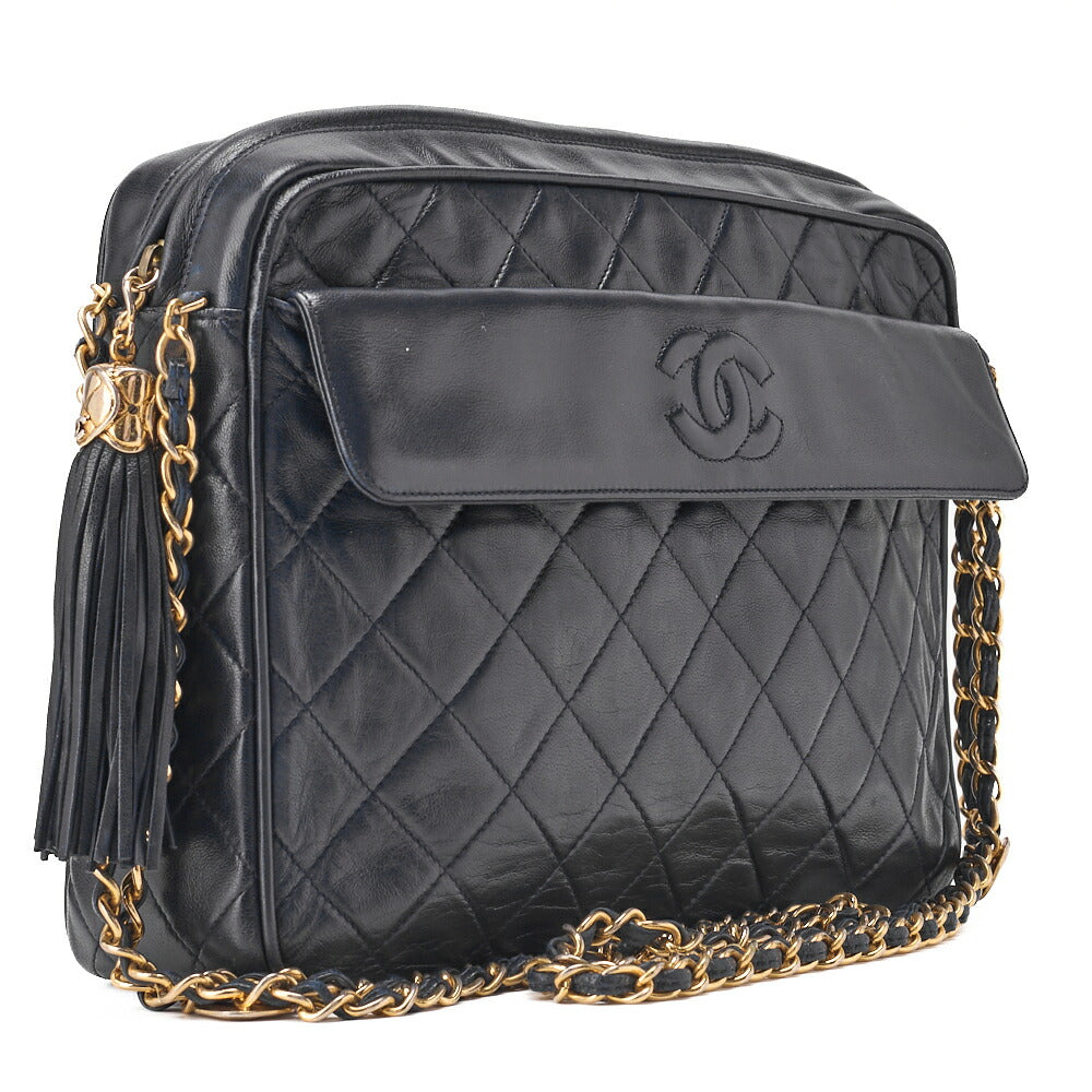 CHANEL Chain Shoulder Matelasse Coco Mark Fringe Large Size Lambskin Navy Gold-Tone Hardware, Pre-Owned