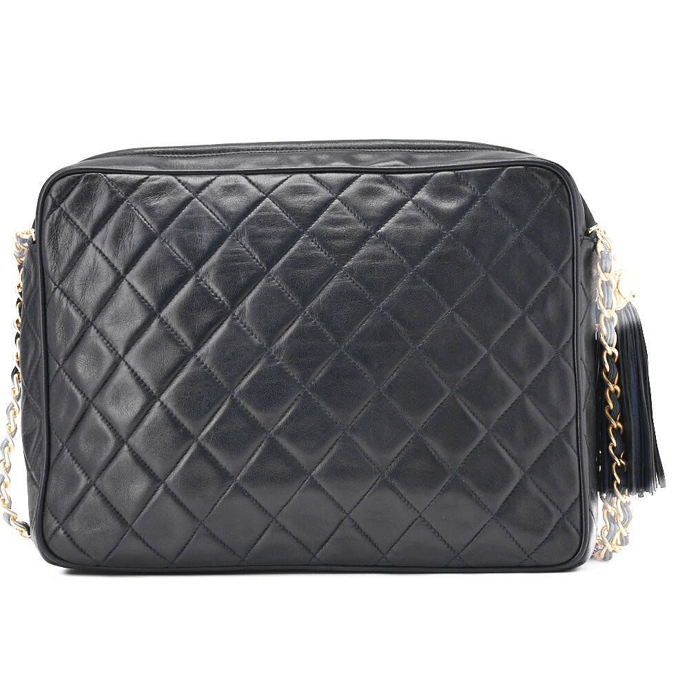 CHANEL Chain Shoulder Matelasse Coco Mark Fringe Large Size Lambskin Navy Gold-Tone Hardware, Pre-Owned