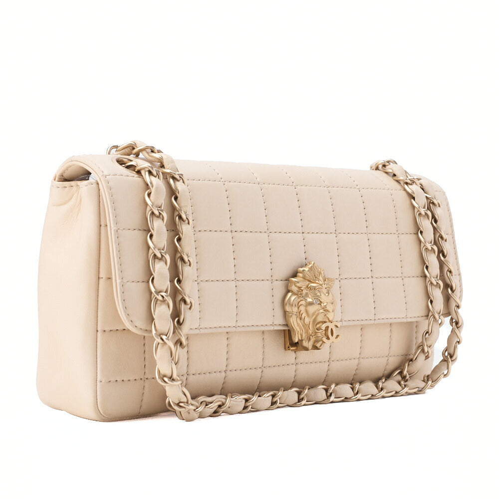 CHANEL Chanel Chocolate Bar Push Lock Lion Coco Chain Shoulder Lambskin Beige Gold-Tone Hardware, Pre-Owned