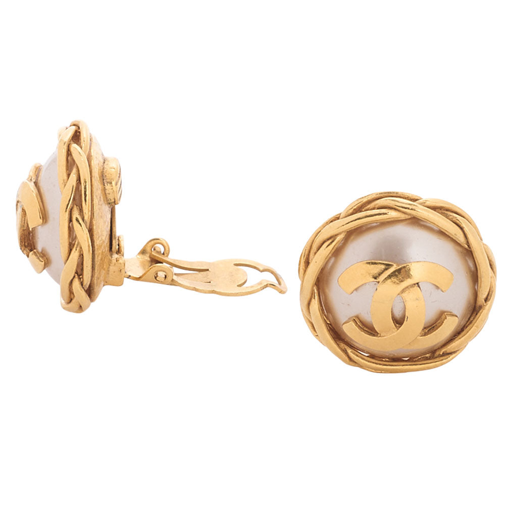 CHANEL Pearl Earrings Coco Mark Earrings GP x Faux Pearl Gold Gold-Tone Hardware, Pre-Owned